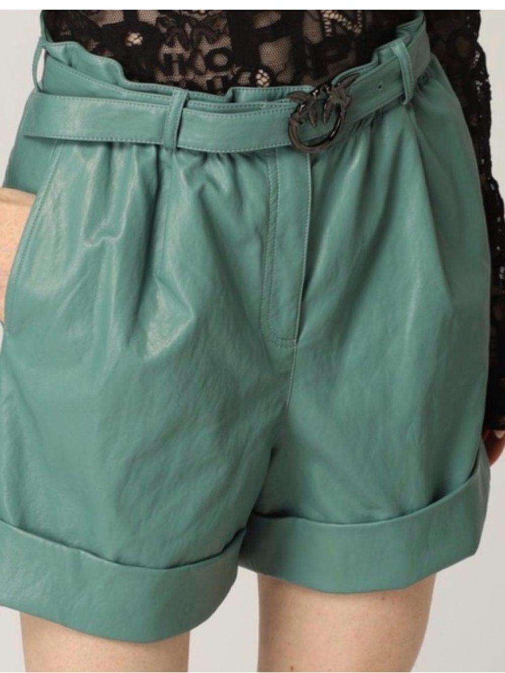 NEW Pinko Green Bonnie Faux Leather Belted High Waist Cuffed Shorts Size S